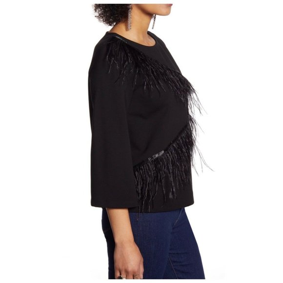 HALOGEN Black Zigzag Feather Trim Bell Sleeves Top - Picture 3 of 8